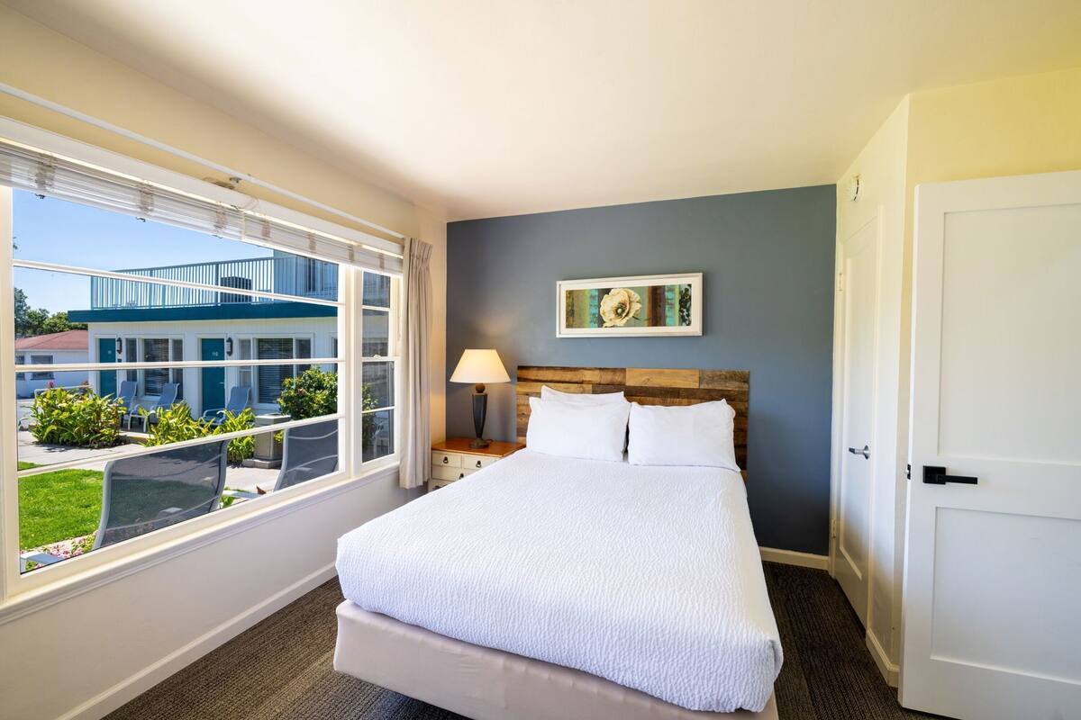 A hotel room with a large bed, a nightstand with a lamp, a window with a view of the building, and a door.