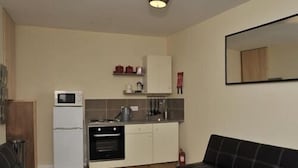 Une cuisine compacte équipée d’un four à micro-ondes, d’un four et d’un évier, située à côté d’un canapé de couleur sombre et d’un petit coin salon.