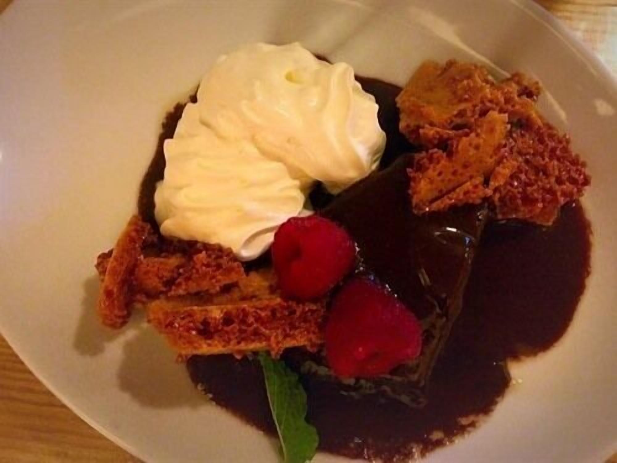 A dessert plate with a chocolate cake, whipped cream, raspberries, and a leaf garnish.