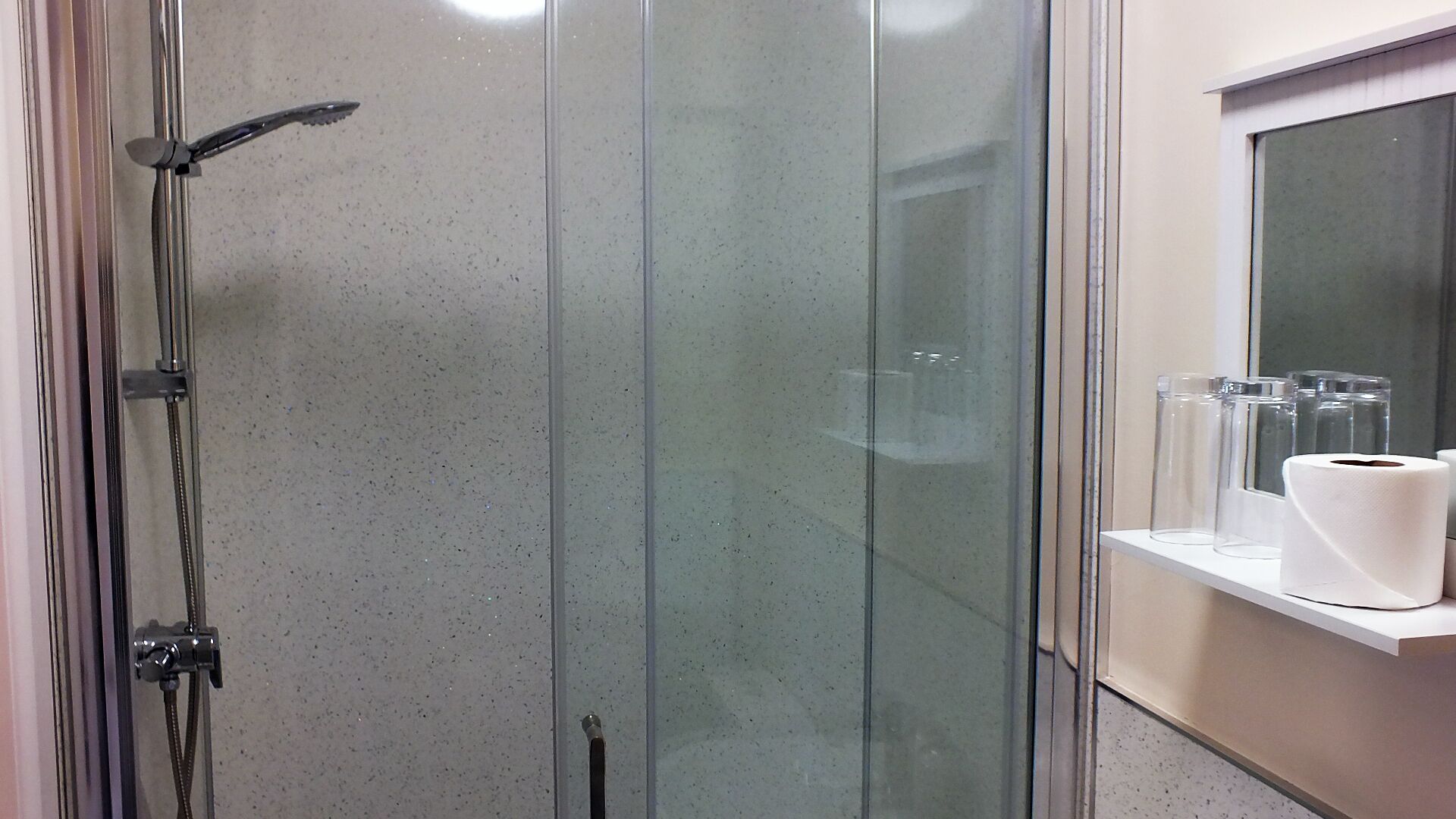 A glass-enclosed shower with a handheld showerhead, a glass door, and a shelf with toiletries.