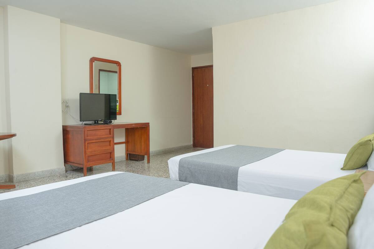 Habitación de hotel con dos camas, un escritorio de madera, una televisión y un espejo.