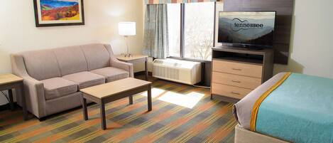 Una habitación de hotel con sofá, televisión, escritorio y cama.