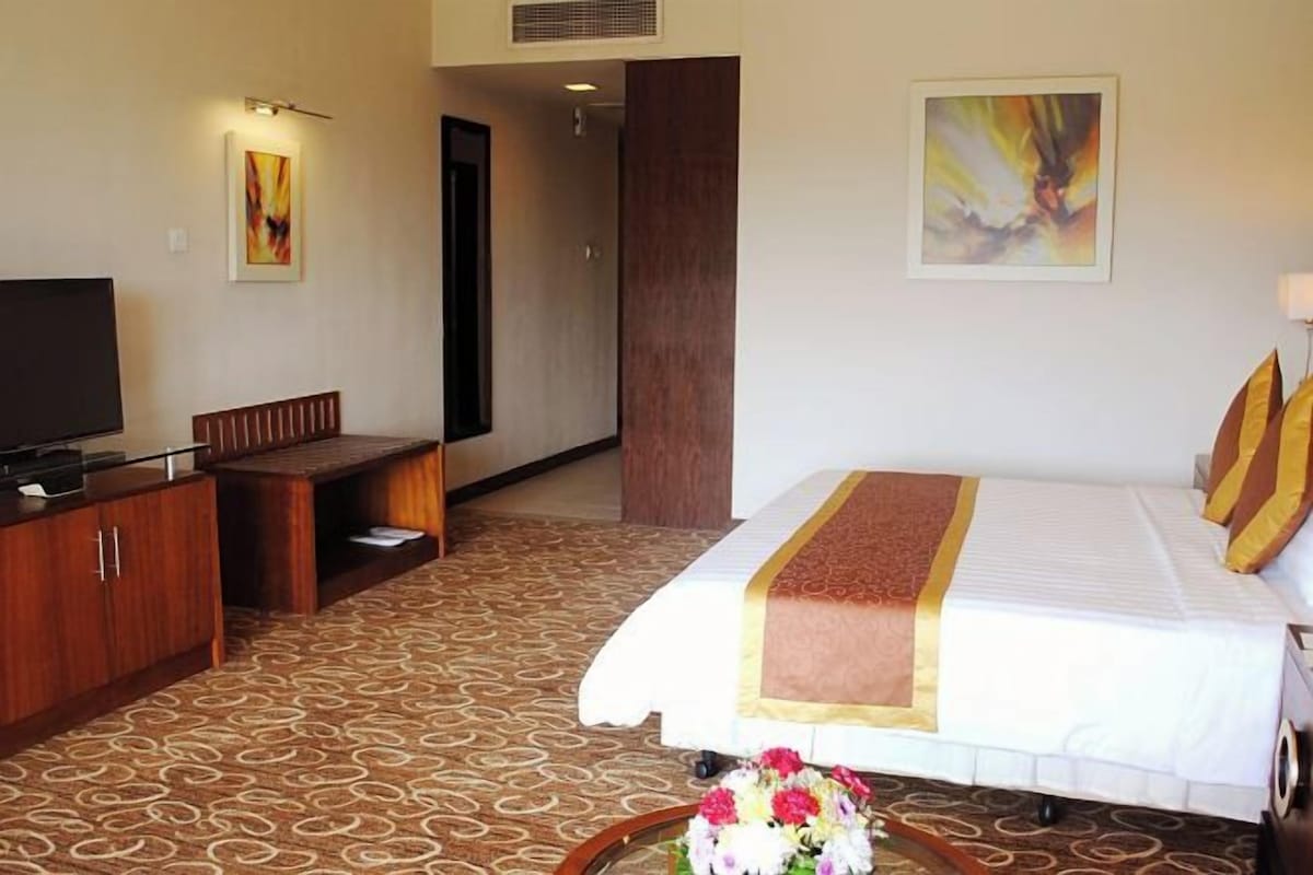 A hotel room with a bed, a desk, a television, and a carpeted floor.