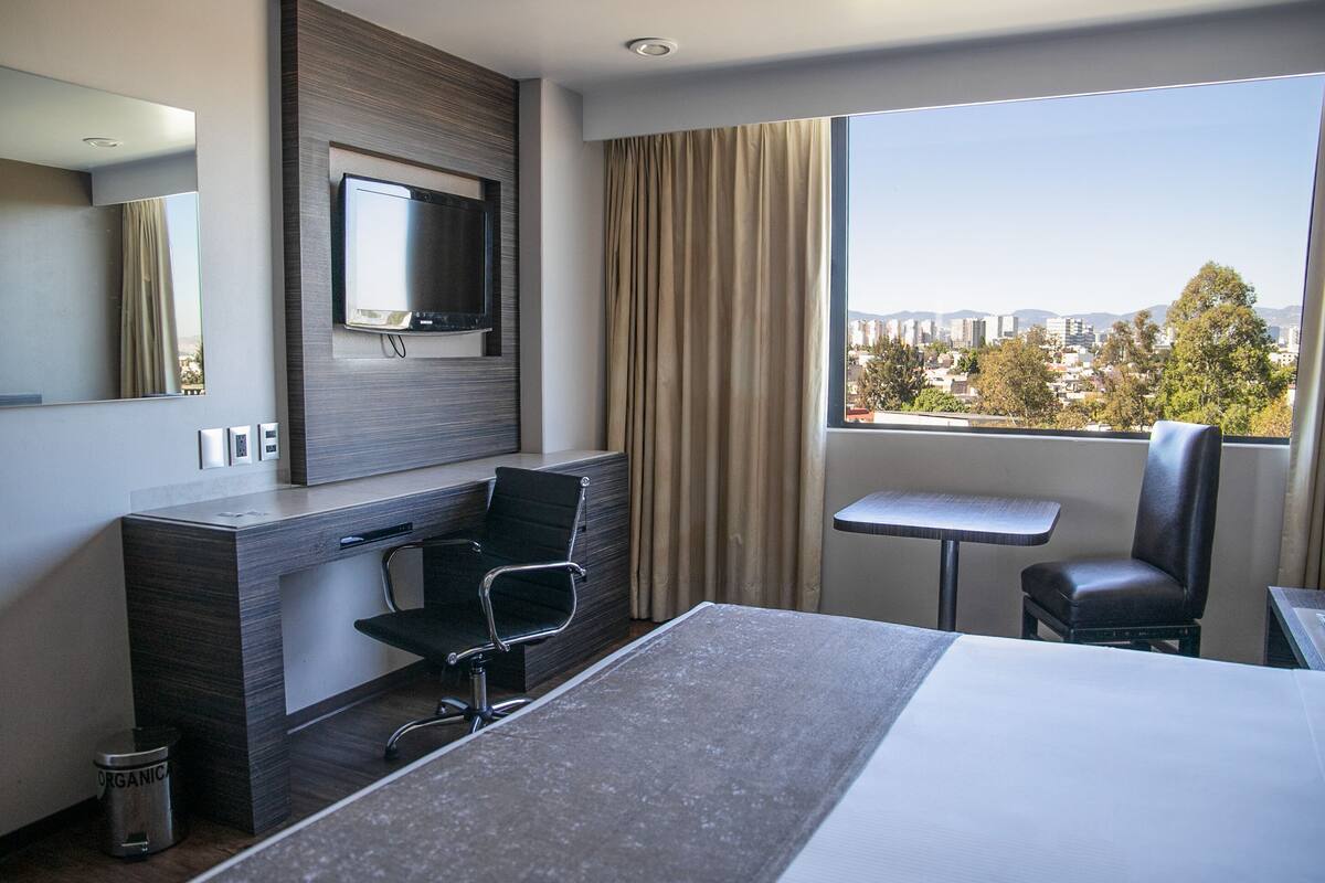 A hotel room with a bed, a desk, a chair, a TV, and a window with a city view.