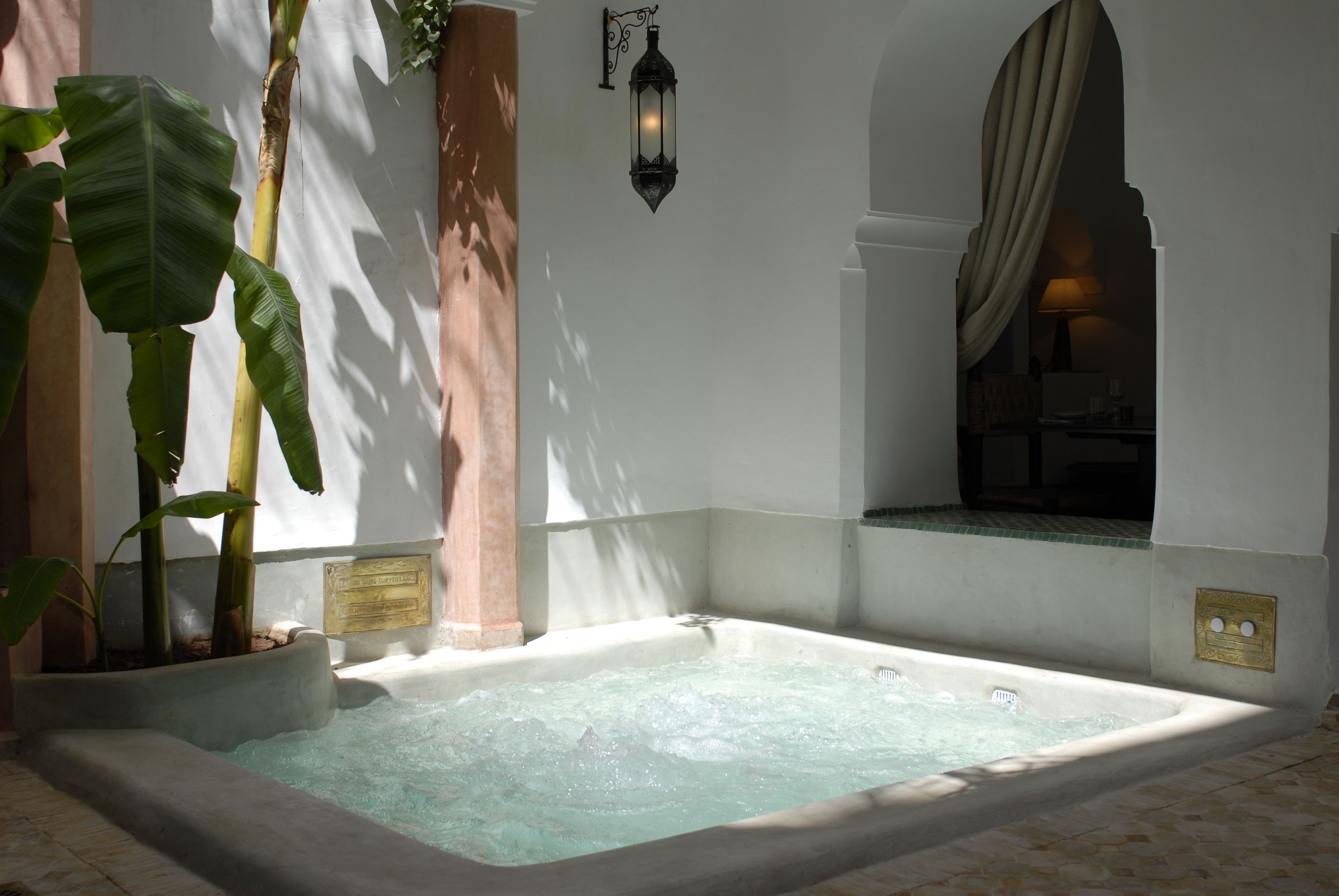 Un área de spa con un jacuzzi, plantas grandes en macetas y un farol de pared.