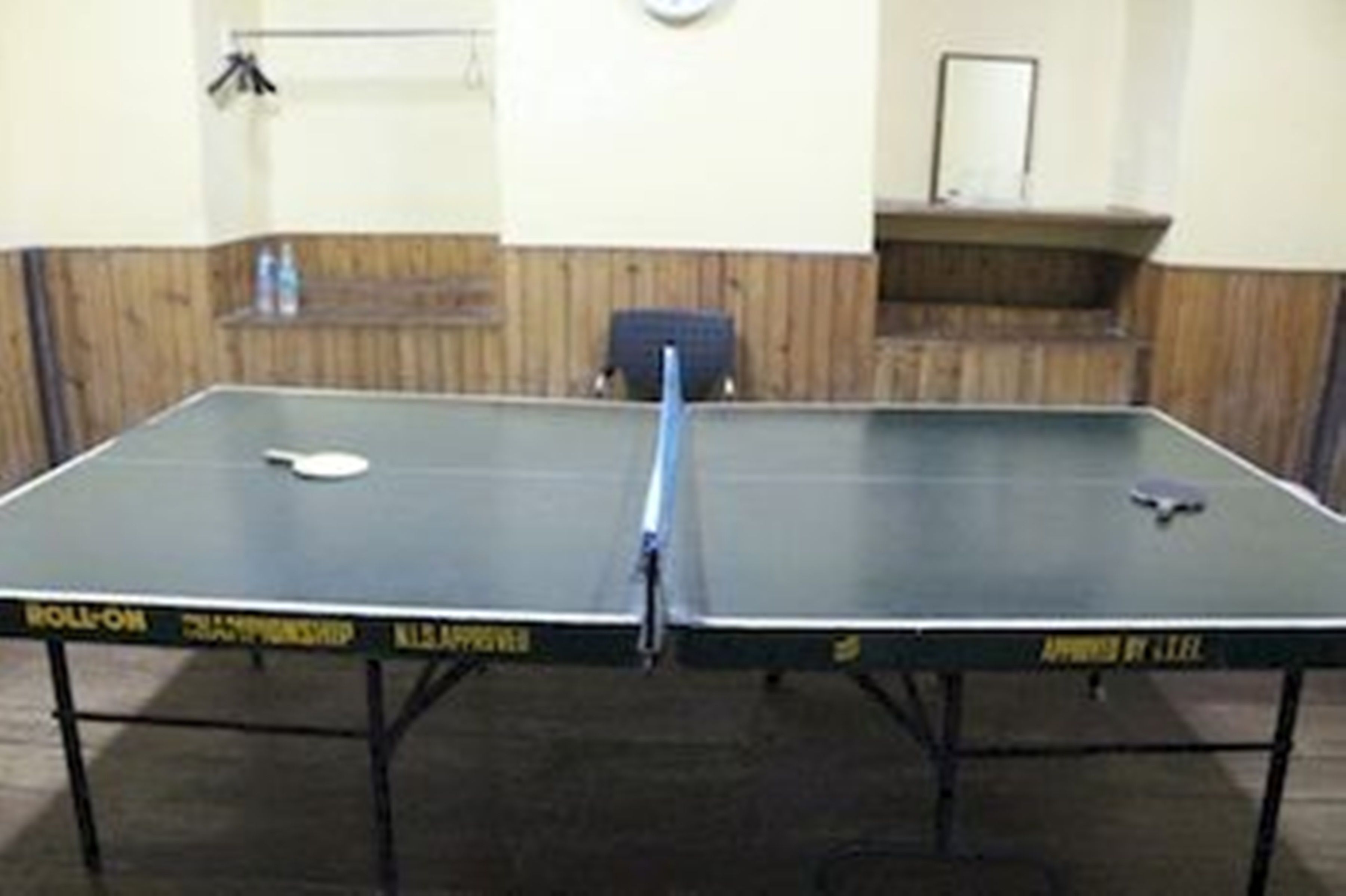 A ping pong table with a net in the center, a small table or counter to the right, and a wooden wall with a shelf above.