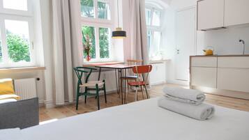 Premium bedding, blackout drapes, soundproofing, iron/ironing board