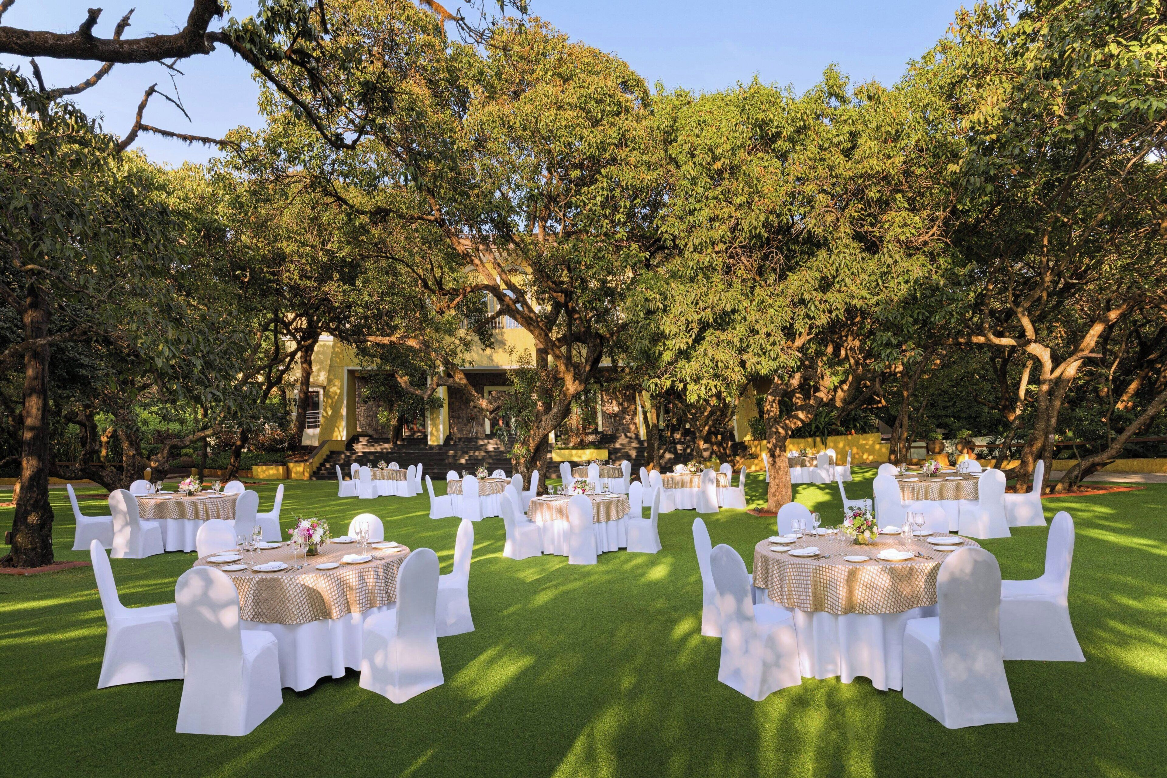 An outdoor dining area with round tables and white chairs, surrounded by trees.