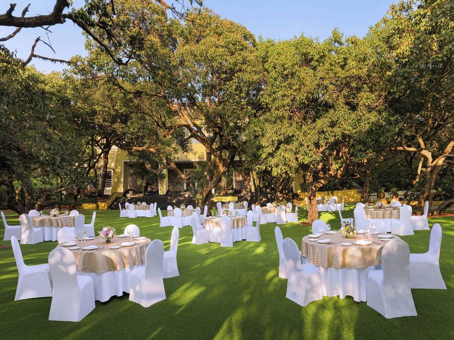 An outdoor dining area with round tables and white chairs, surrounded by trees.