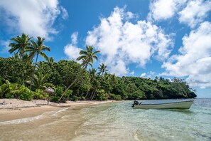 A beach with clear turquoise water, palm trees, and a boat anchored near the shore. - Tiliva Resort (Kadavu Island)