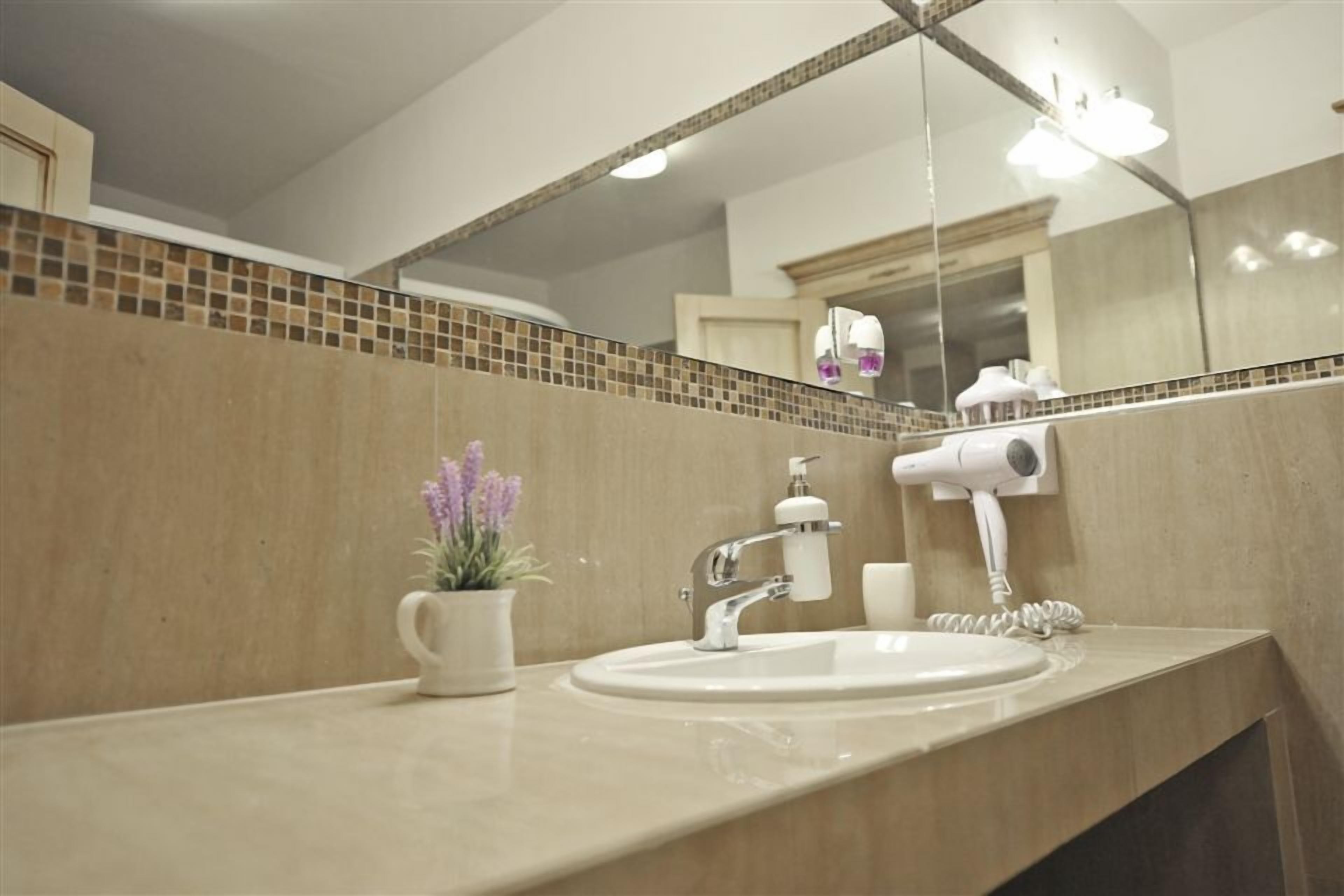 Un baño moderno con un espejo grande, un lavamanos, un secador de pelo y una planta de lavanda en maceta.