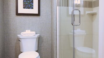 Een badkamer met een toilet, een inlijsting foto aan de muur en een douchecabine met glazen wanden.