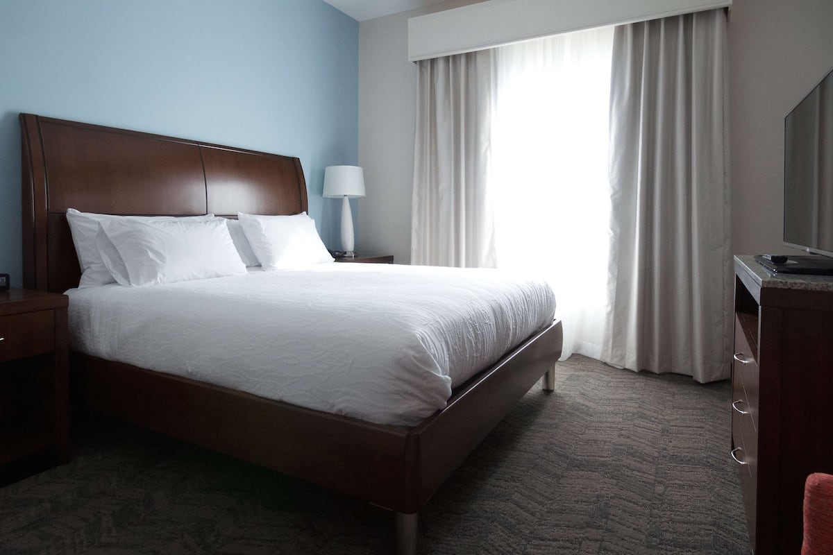 A hotel room with a large bed, a nightstand, a lamp, a TV, and a view of the outdoors through the window.