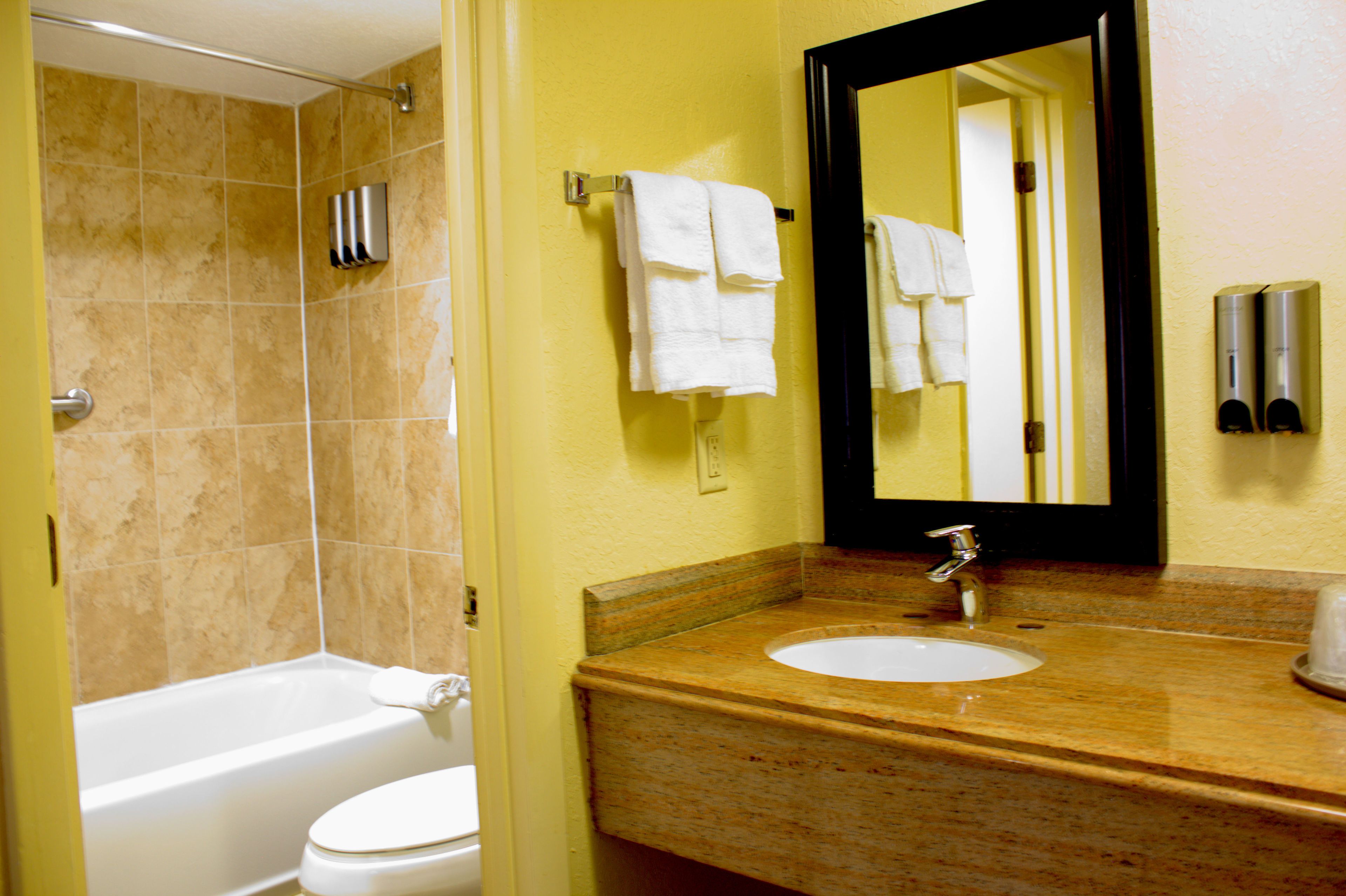 Tina con regadera, secadora de cabello, toallas 