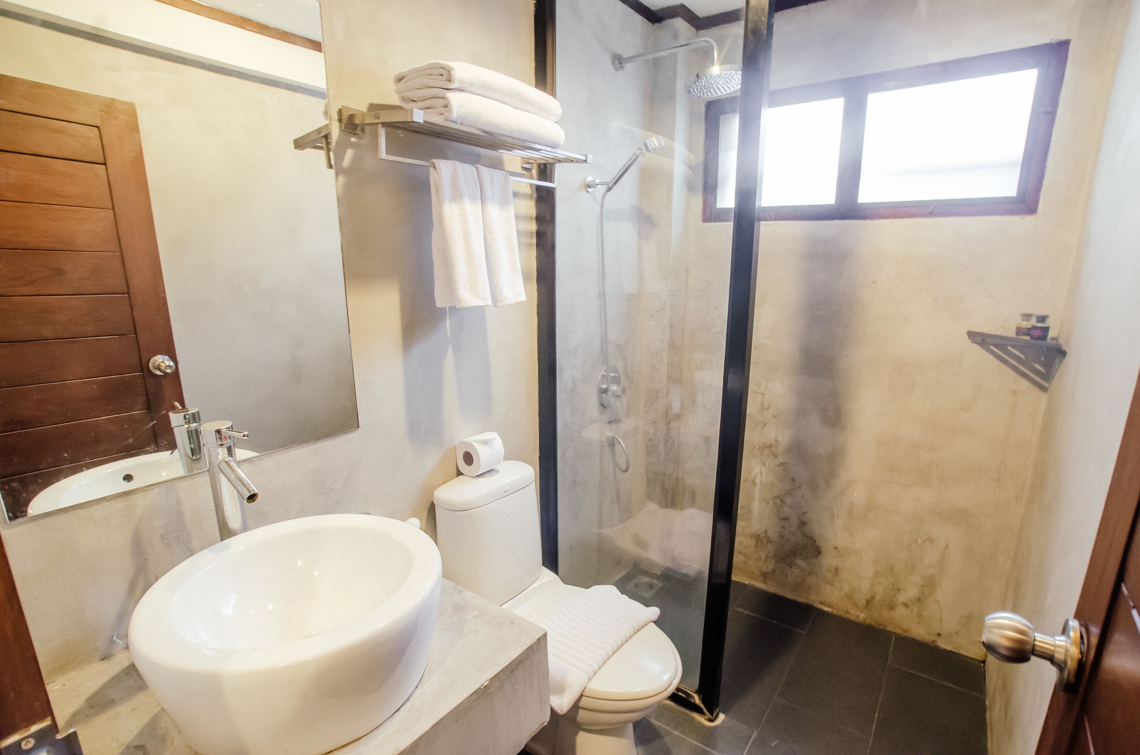 Une salle de bain avec un lavabo, des toilettes et une douche.