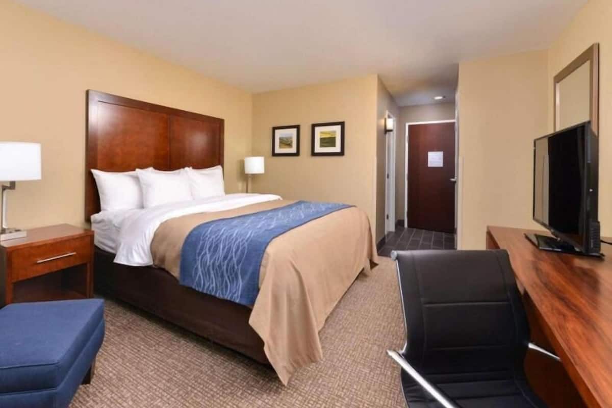 A hotel room with a bed, a desk, a chair, a television, and a door.