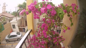 A balcony with a potted bougainvillea plant. - Hotel Rio Balsas (Manzanillo)