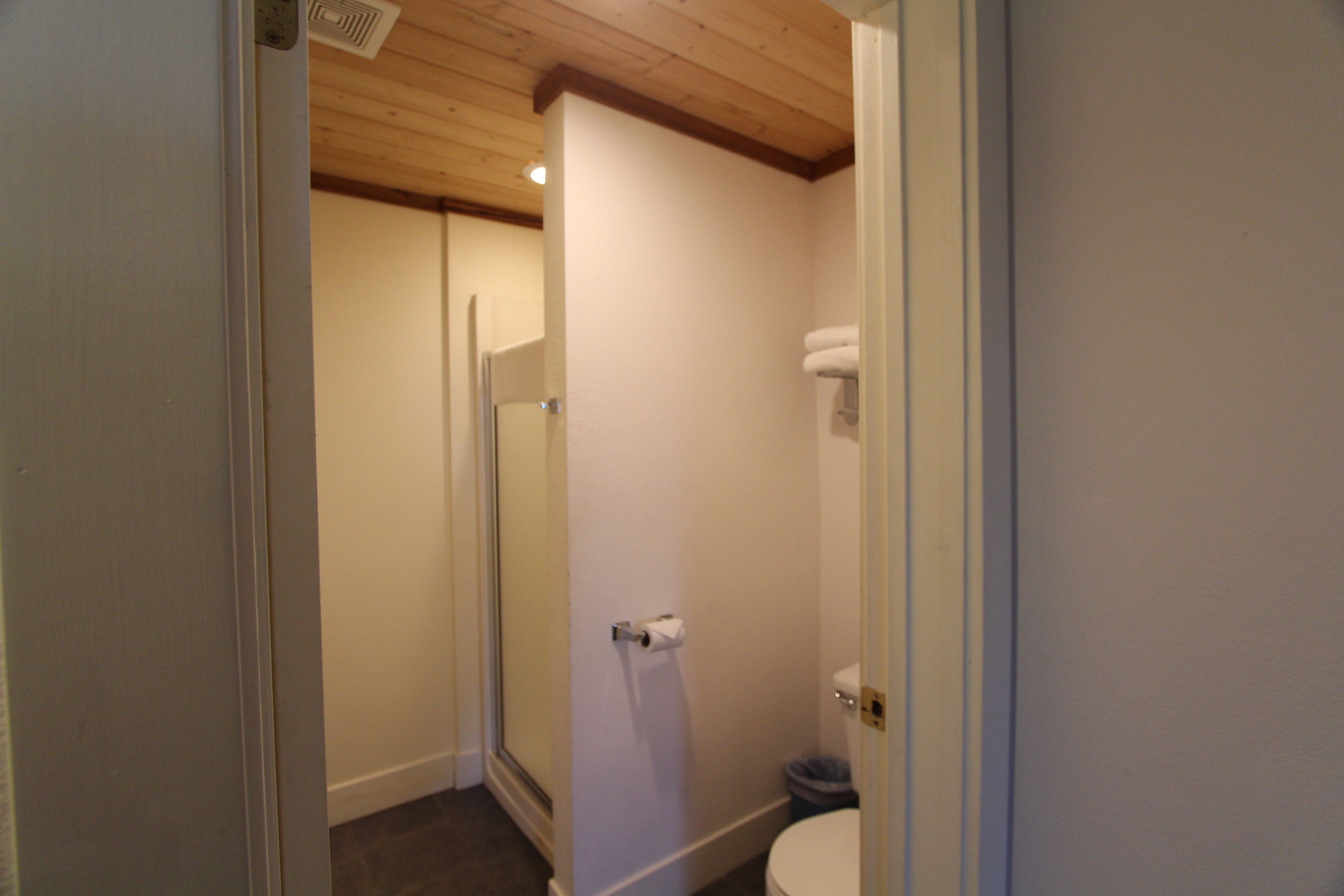 A bathroom with a toilet, a shower, and a door leading to another room.