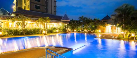 Outdoor pool, a waterfall pool