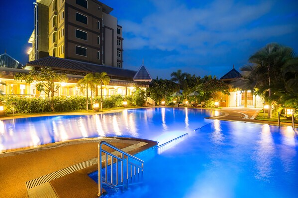 Outdoor pool, a waterfall pool
