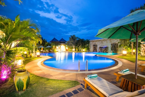 Outdoor pool, a waterfall pool
