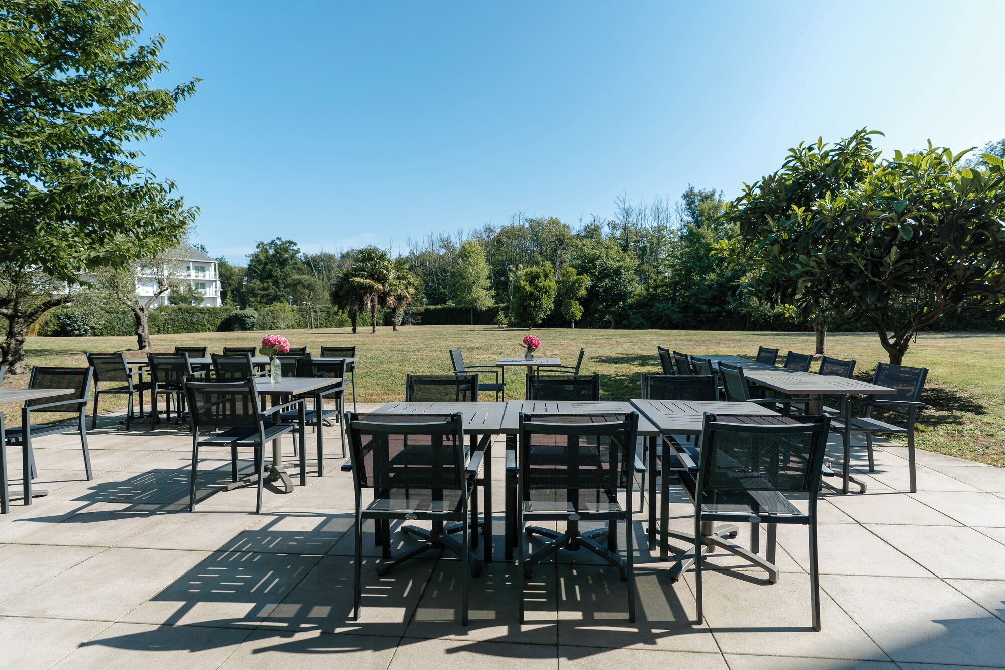 An outdoor patio with multiple tables and chairs, surrounded by trees and a grassy area.
