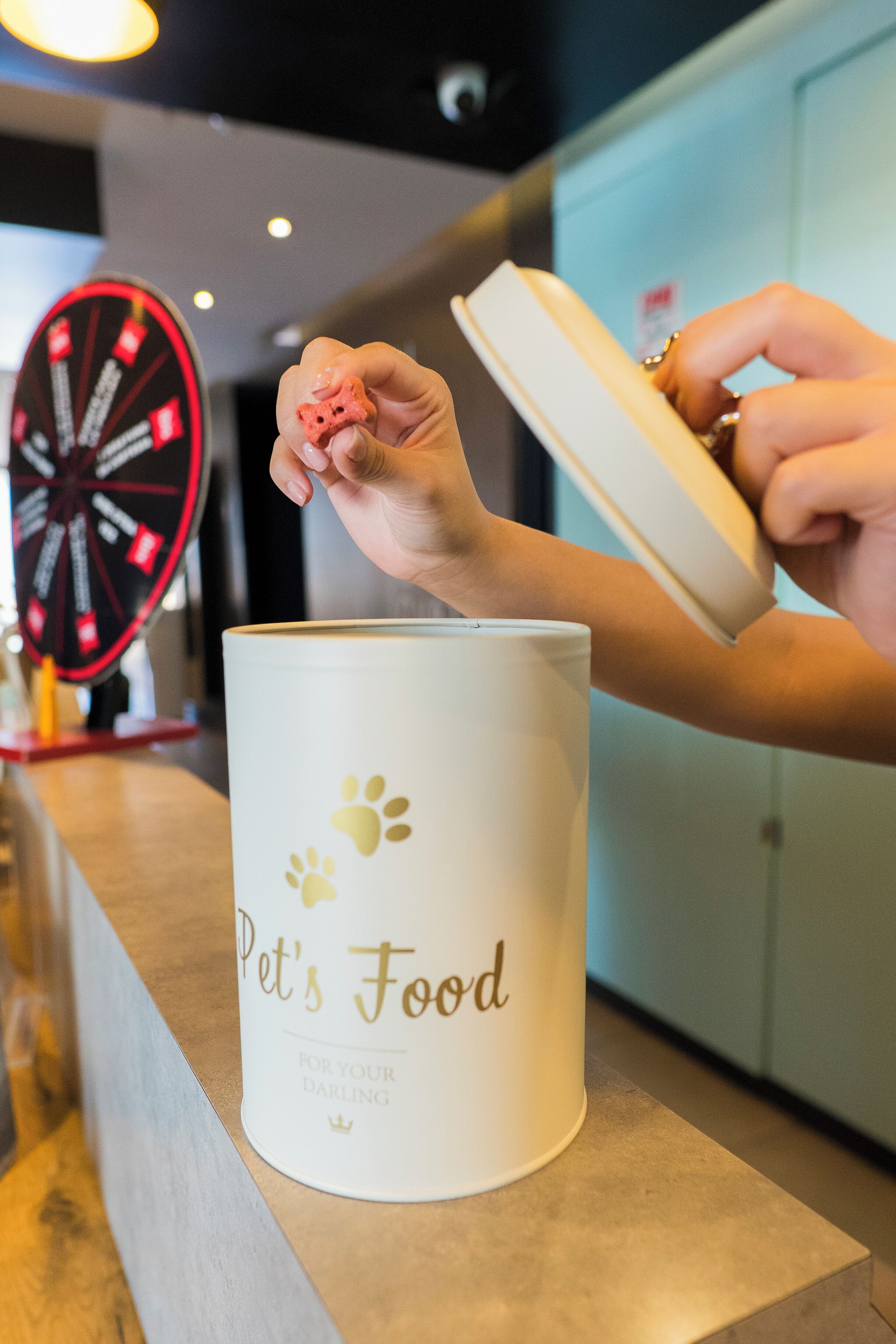 A hand holding a small pink object, a white container labeled 'Pet's Food,' and a red and black spinning wheel in the background.