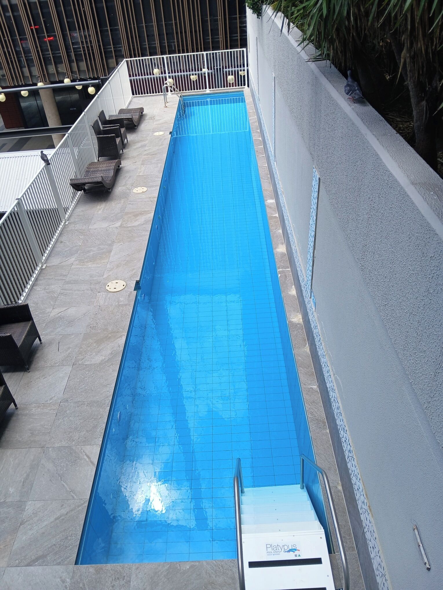 A long, narrow indoor pool with a blue tiled floor, surrounded by a low wall and a metal railing.