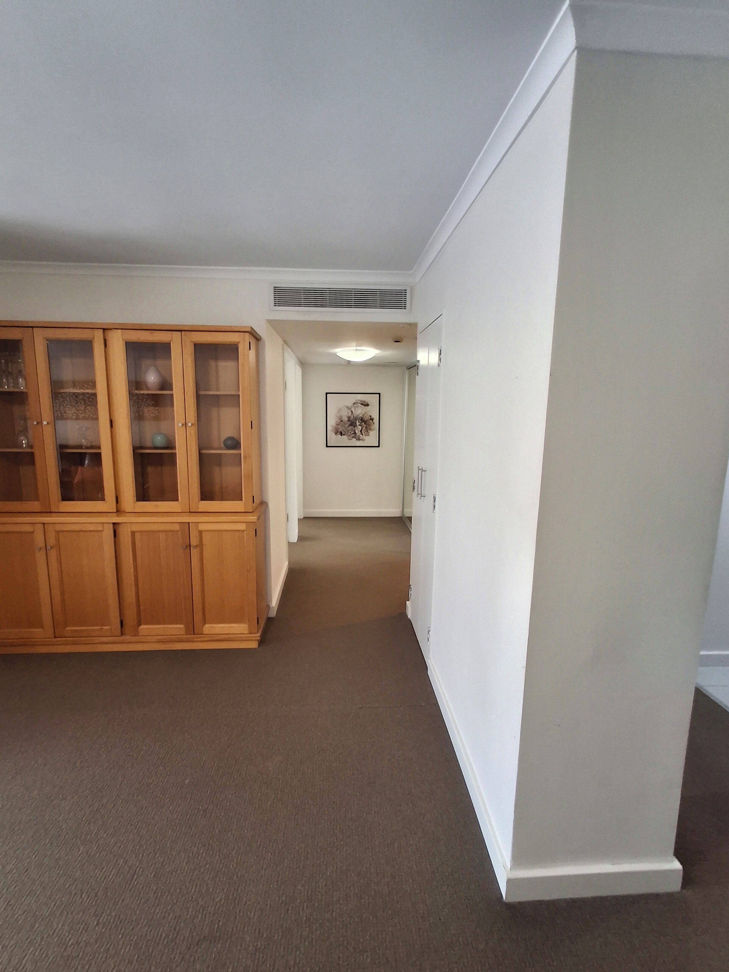 A hallway with a wooden cabinet, a framed artwork on the wall, and a white door.