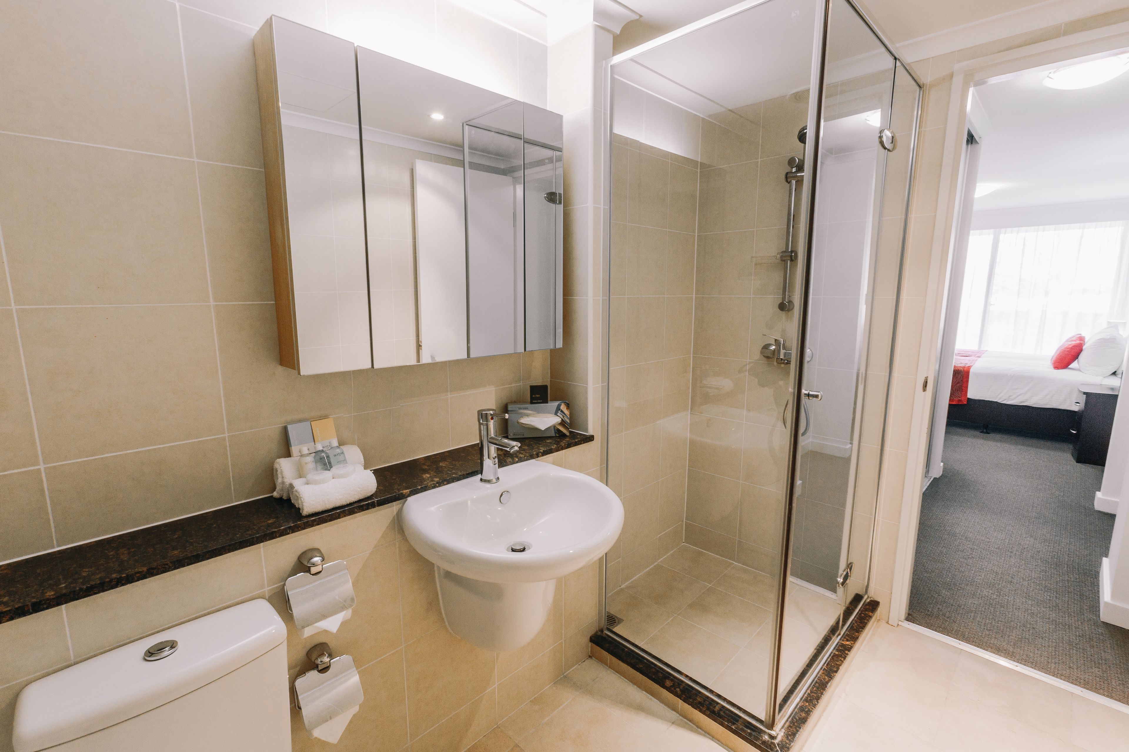 Een moderne badkamer met een douchecabine van glas, een wastafel en een toilet.