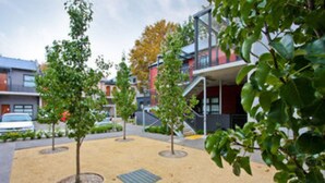 A modern building with a flat roof, surrounded by a landscaped area with trees and a gravel path. - The Star Apartments (Newcastle West)