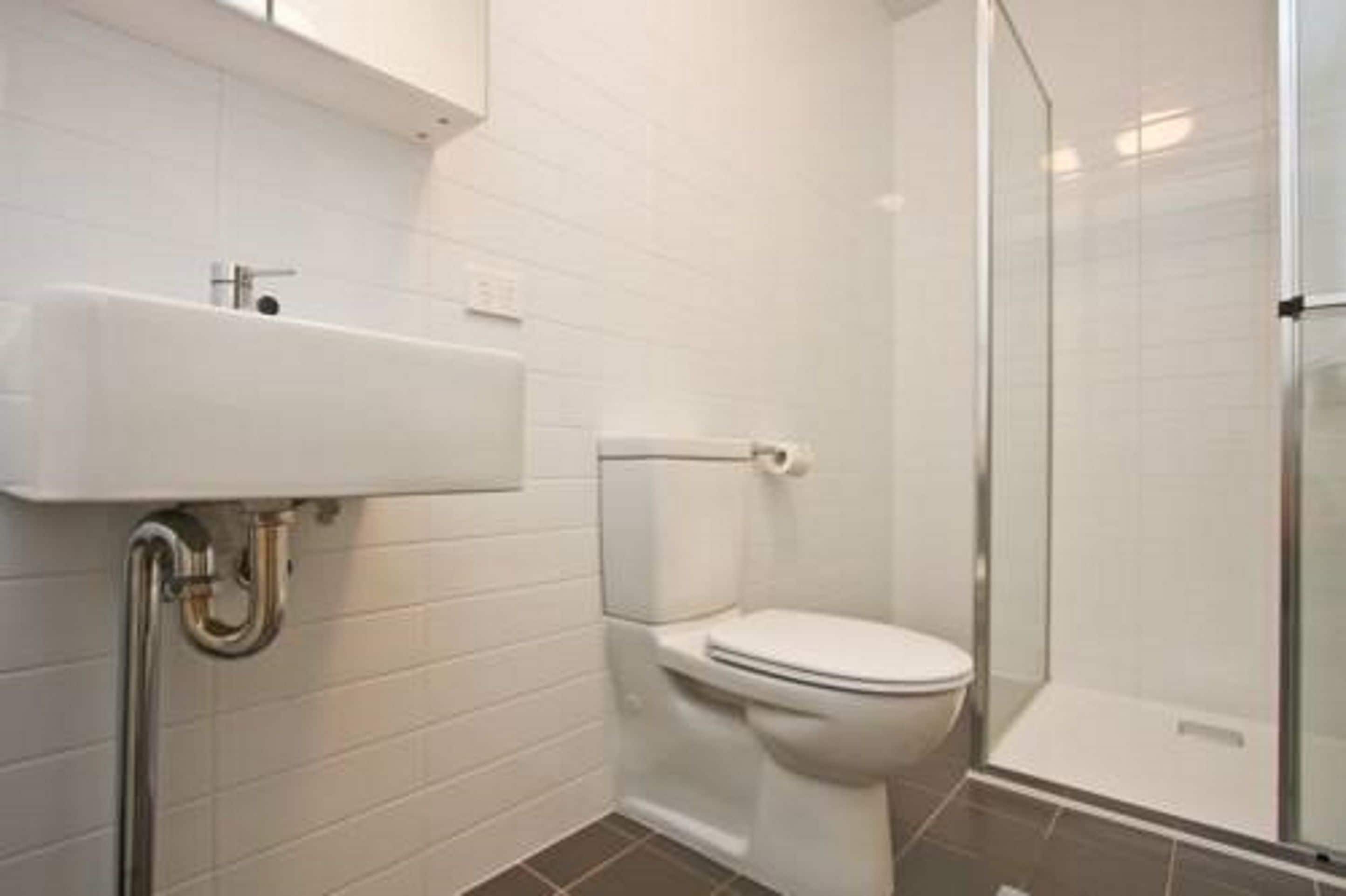 A bathroom with a white sink, toilet, and glass shower enclosure.