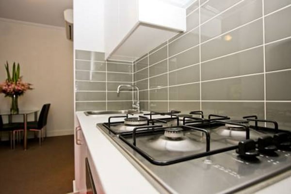 Full-sized fridge, microwave, stovetop, dishwasher