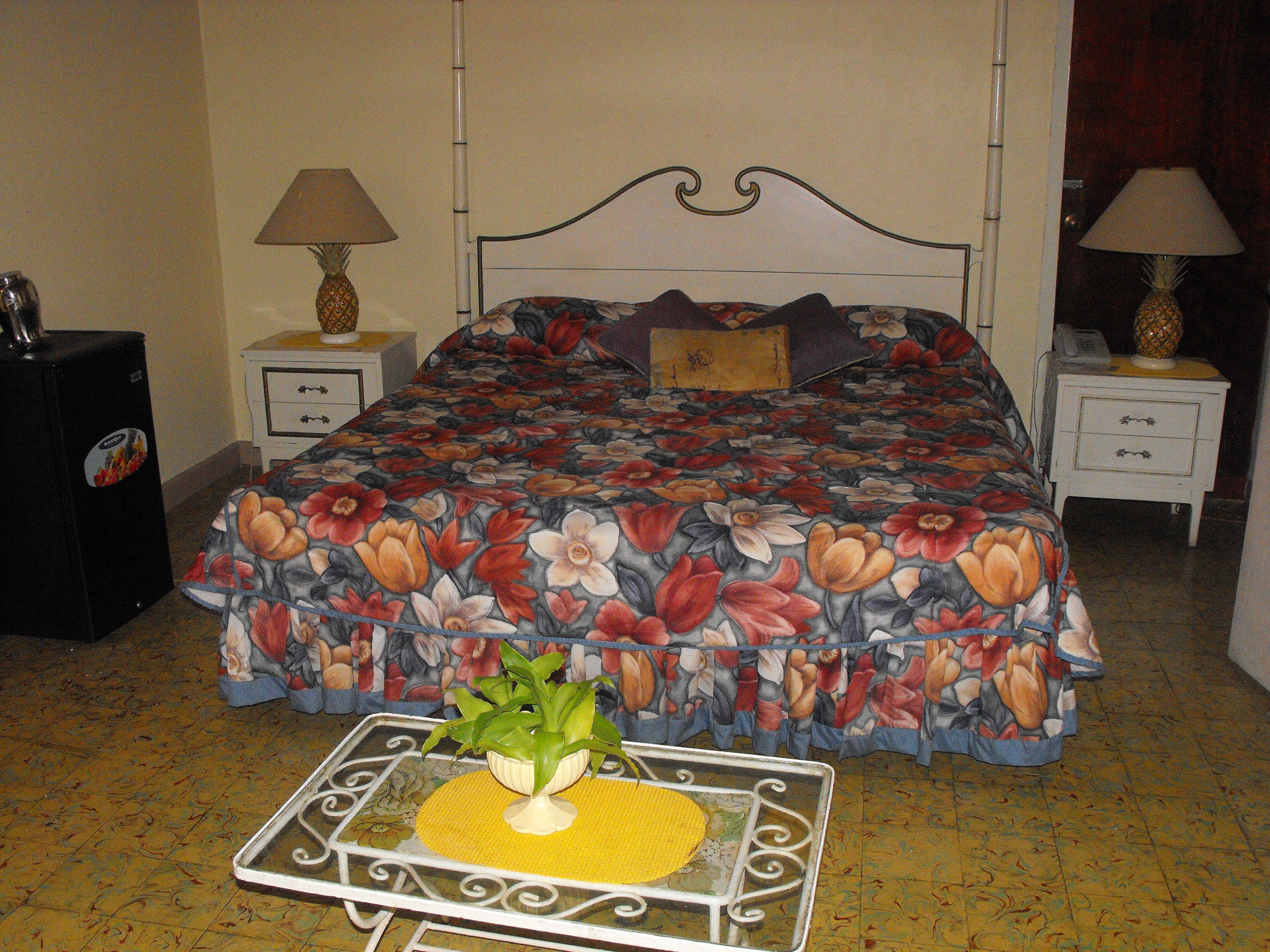 Un dormitorio con colcha estampada de flores, dos mesitas de noche con lámparas, un altavoz negro pequeño y una mesa con una planta.