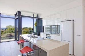 Apartamento Deluxe (105) | Cocina privada | Frigorífico, microondas, horno y placa de cocina
