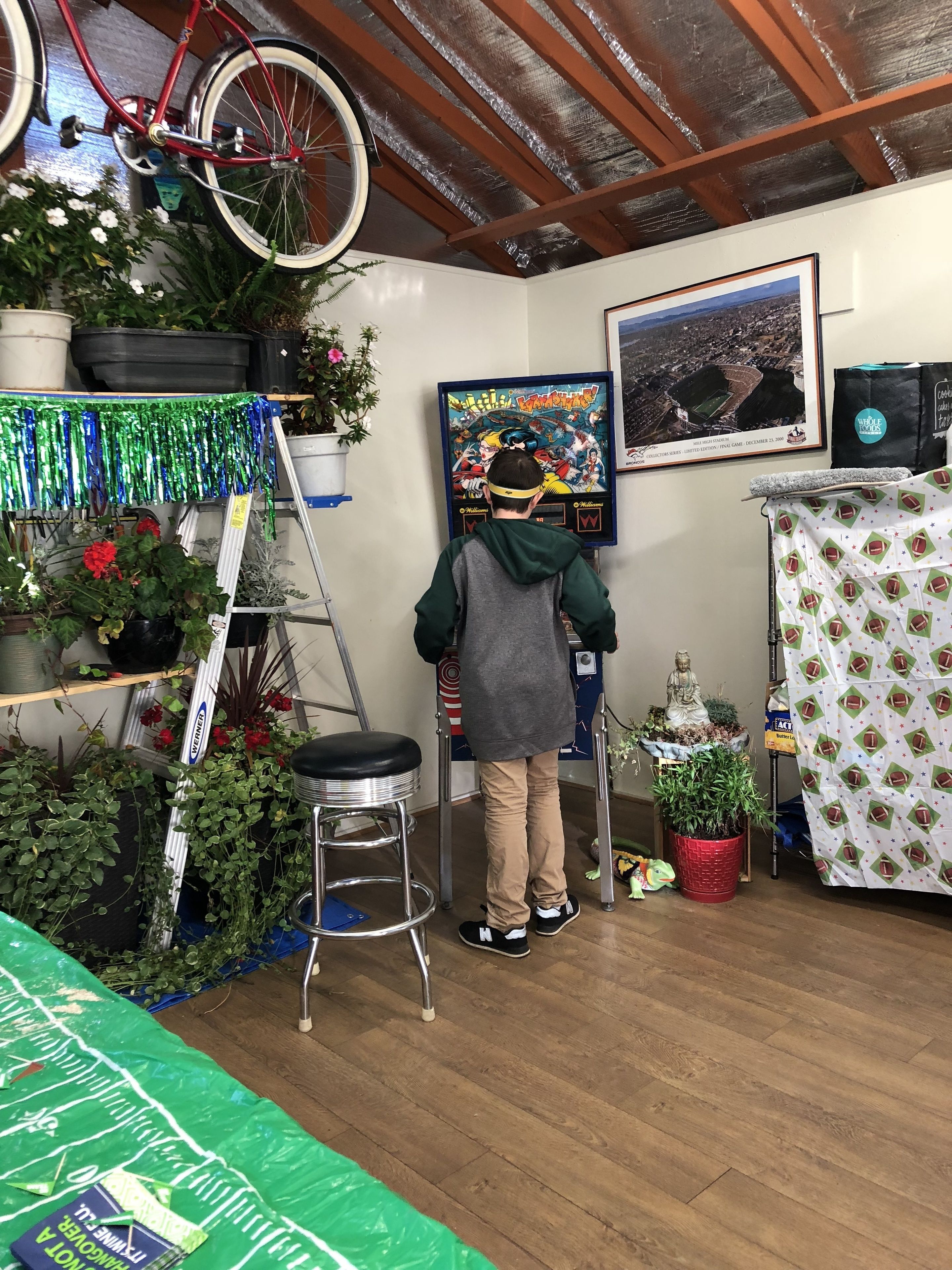 Een kamer met een houten plafond, een fiets, potplanten, een beeld en een ingelijst schilderij aan de muur.