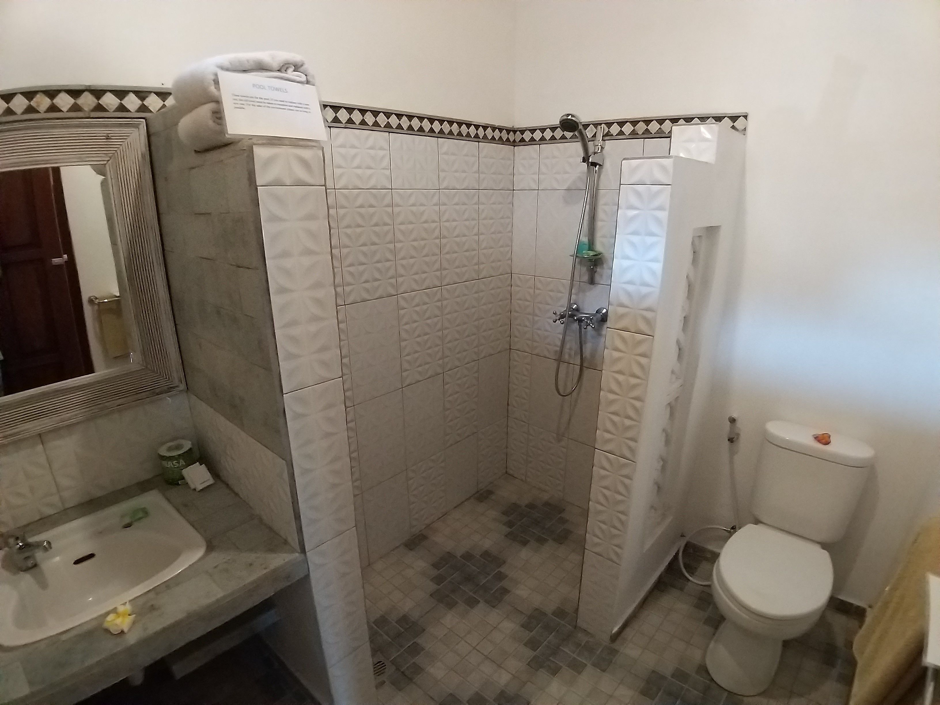 Un baño con ducha, inodoro, lavabo y espejo.