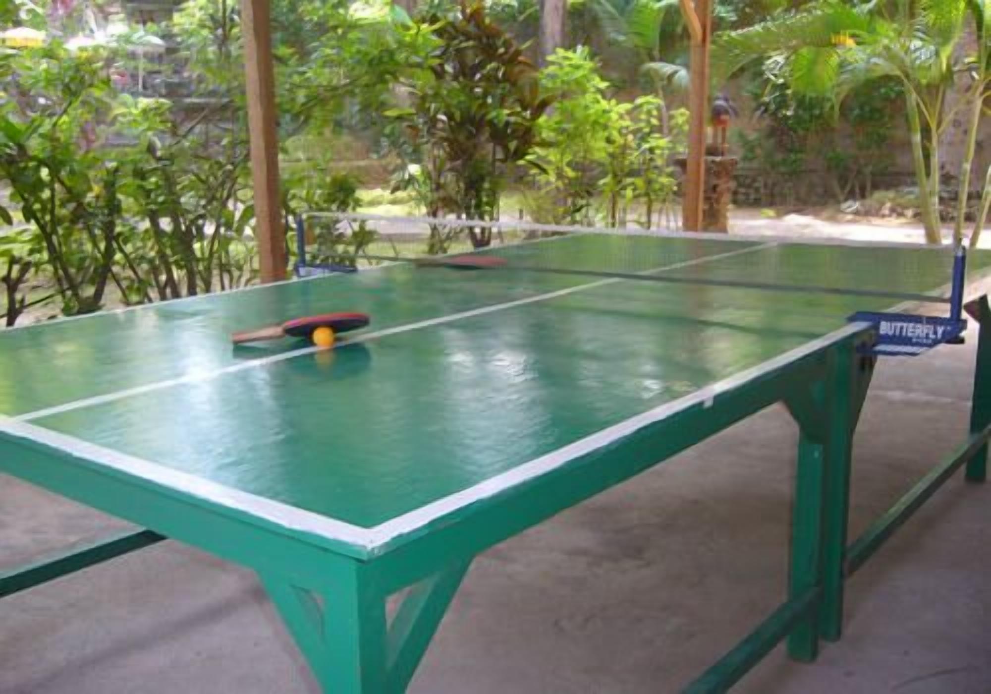 Uma mesa de tênis verde com o logo de uma borboleta, rodeada por vegetação.