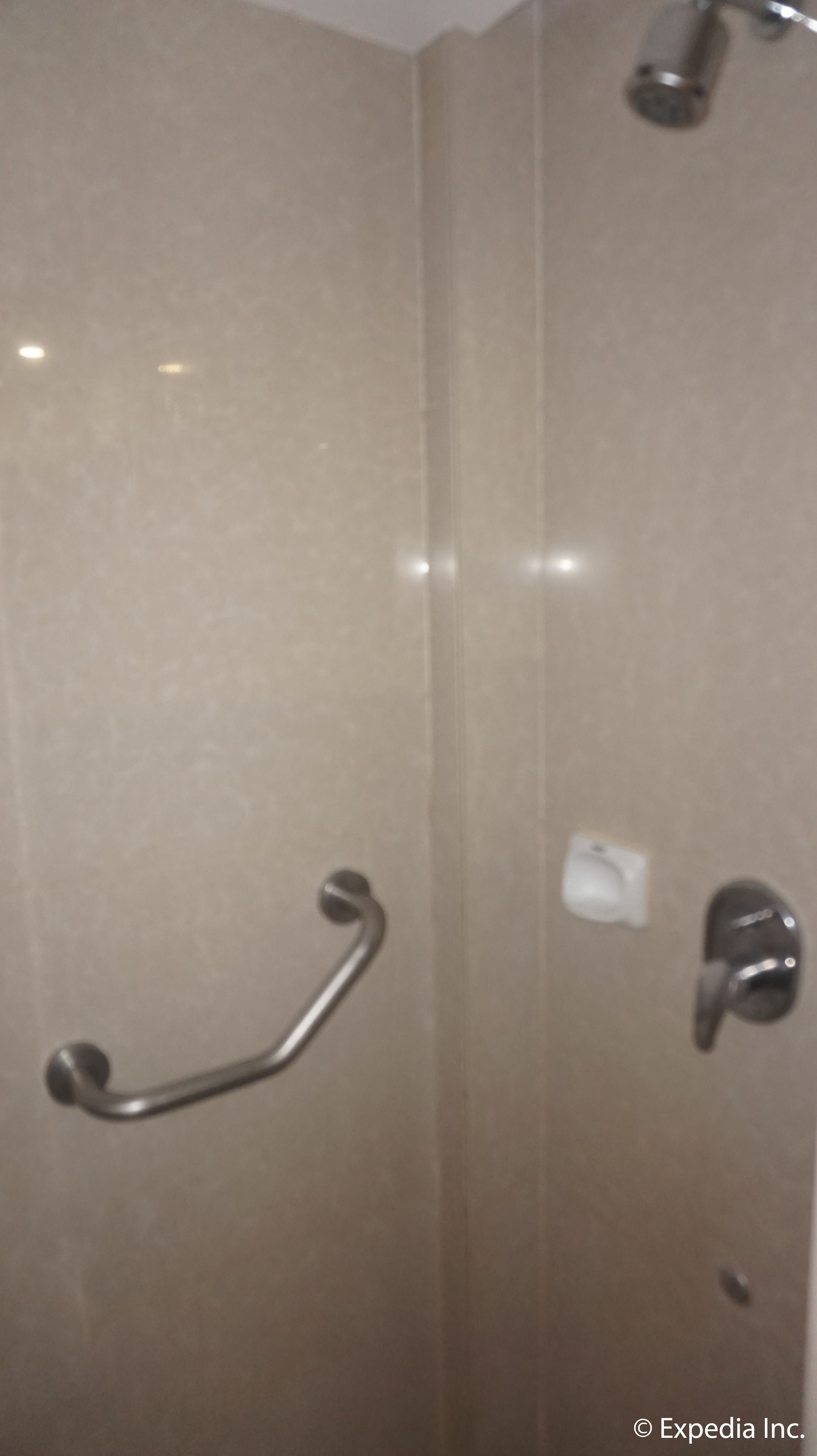 Une salle de bain équipée d’une barre d’appui, d’un pommeau de douche et d’un distributeur de serviettes.