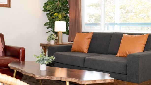 A living room with a grey sofa, two orange cushions, a wooden coffee table, a red leather chair, a small white table with a plant, and a large green plant in the background. - Gull Lake Lodge (June Lake)