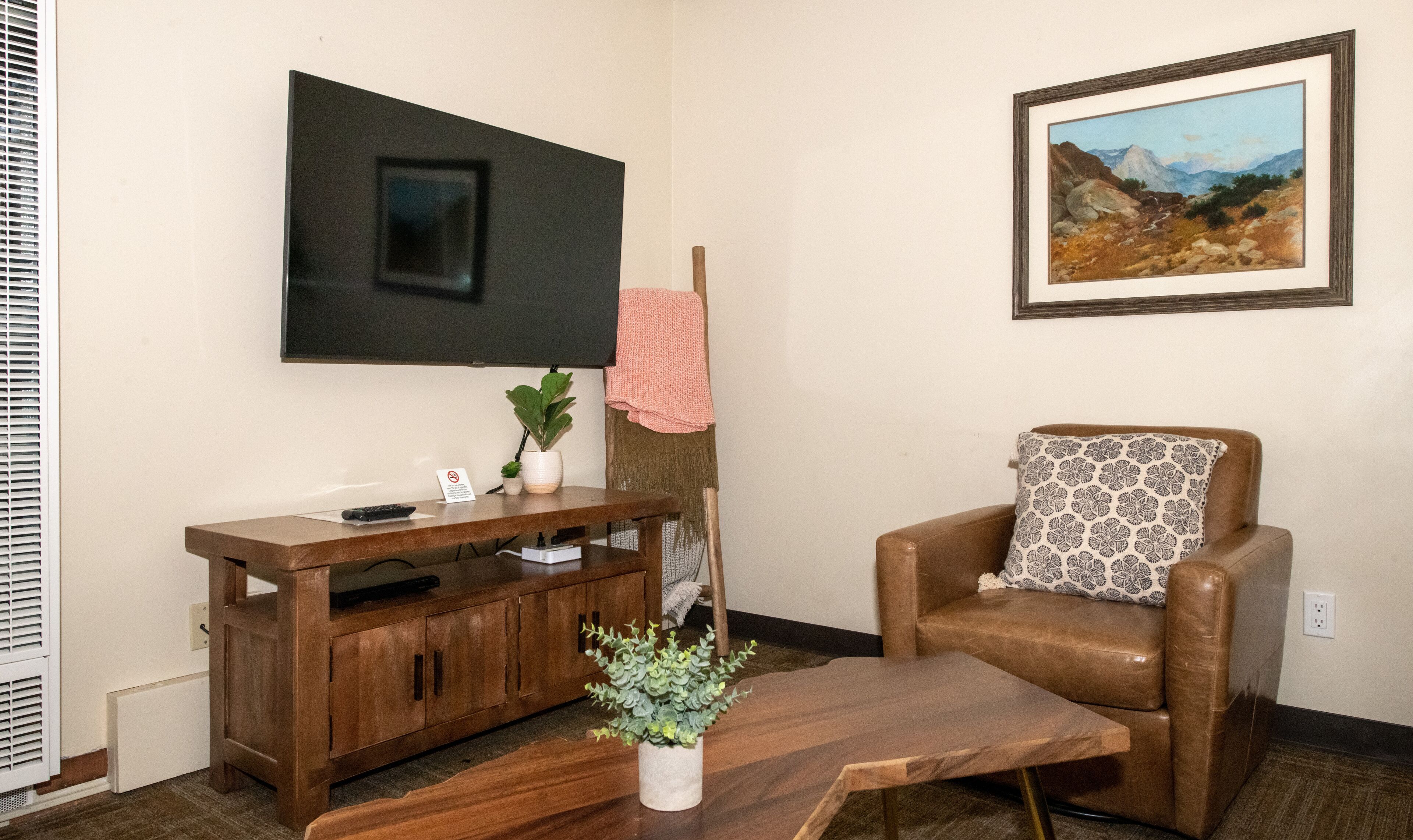 A living room with a wooden entertainment unit, a mounted TV, a framed landscape painting, a brown leather armchair with a patterned pillow, and a small potted plant on a wooden coffee table.