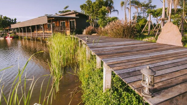 Un muelle de madera que conduce a un edificio con una terraza cubierta, rodeado de agua y palmeras.