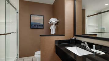 A modern bathroom with a glass shower enclosure, a black countertop, a white sink, and a large mirror.