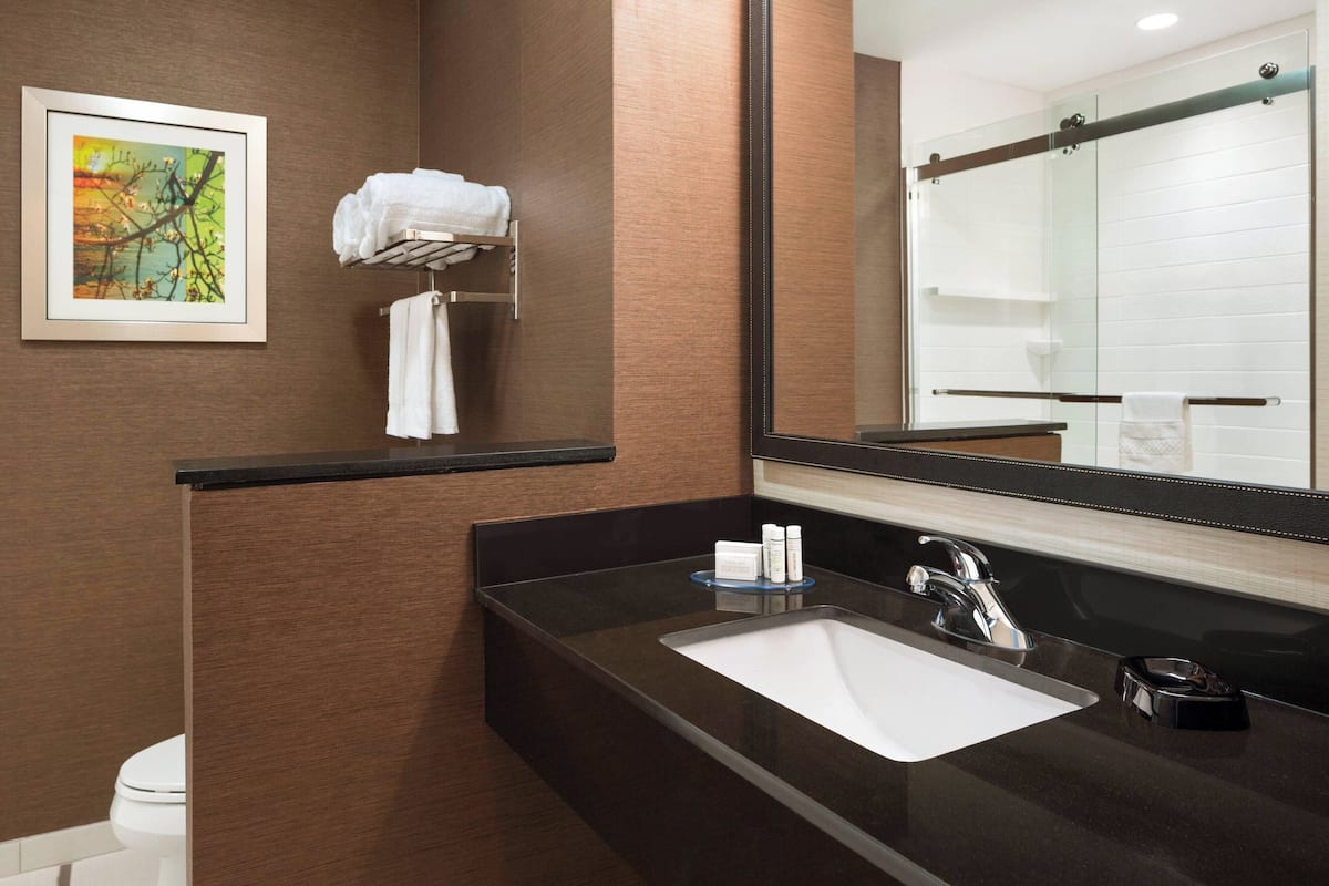 Designer toiletartikelen, een haardroger, handdoeken, zeep