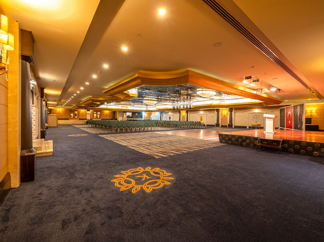 Ein geräumiger Saal mit Reihen grüner Stühle, einer Bühne und einem Teppich mit goldenem Wappen.