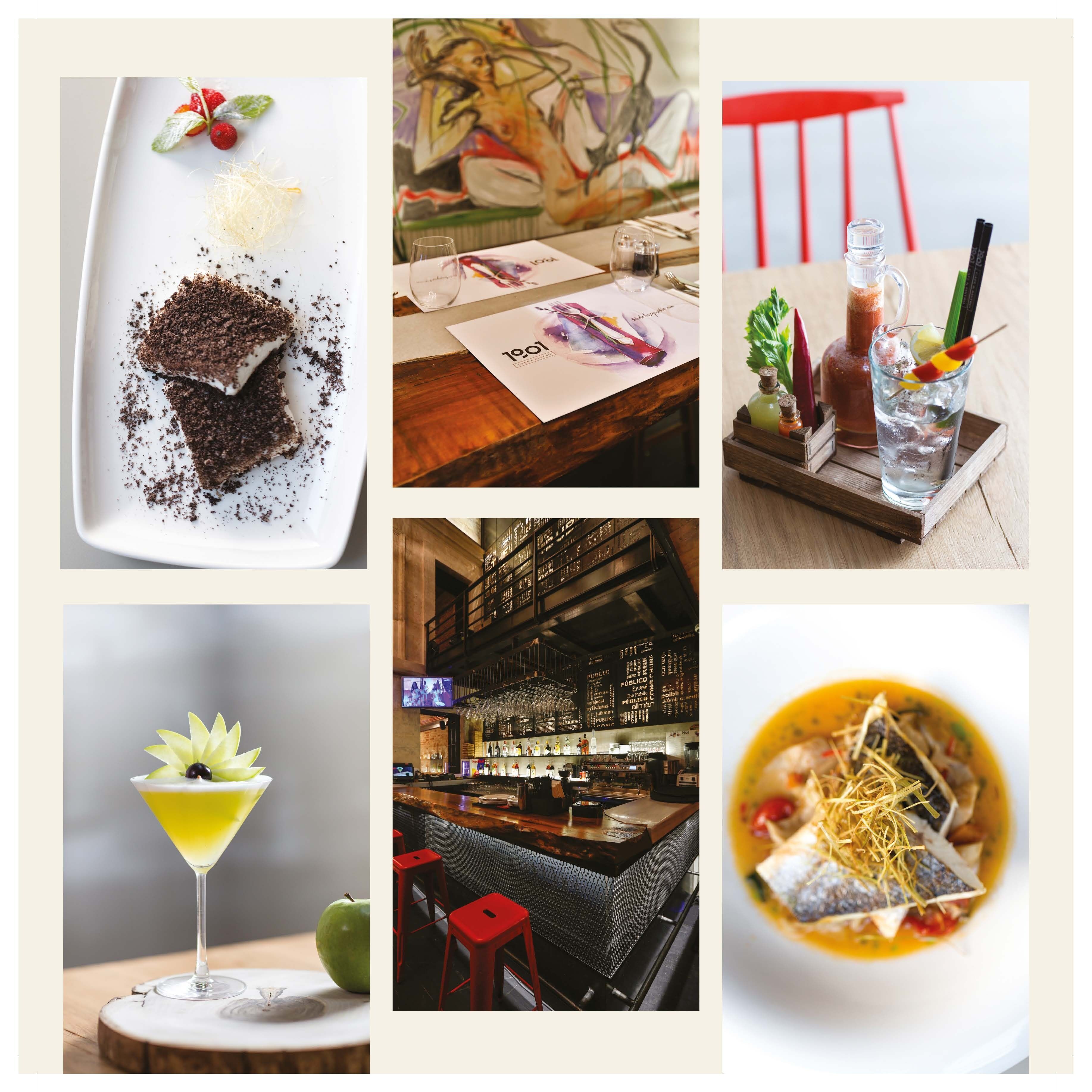A collage of various food and drink presentations, a bar setting, and a restaurant interior.