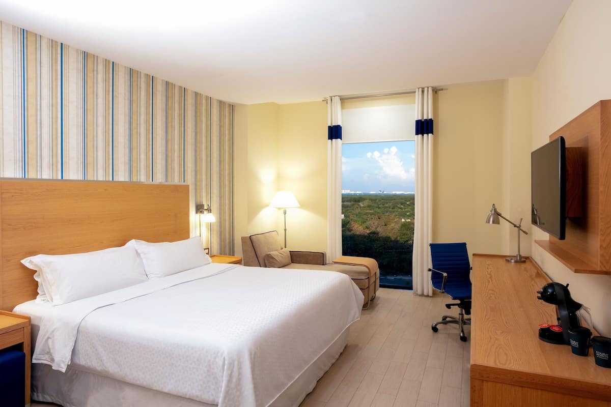 A hotel room with a large bed, a desk with a TV, a chair, and a view of the outdoors.