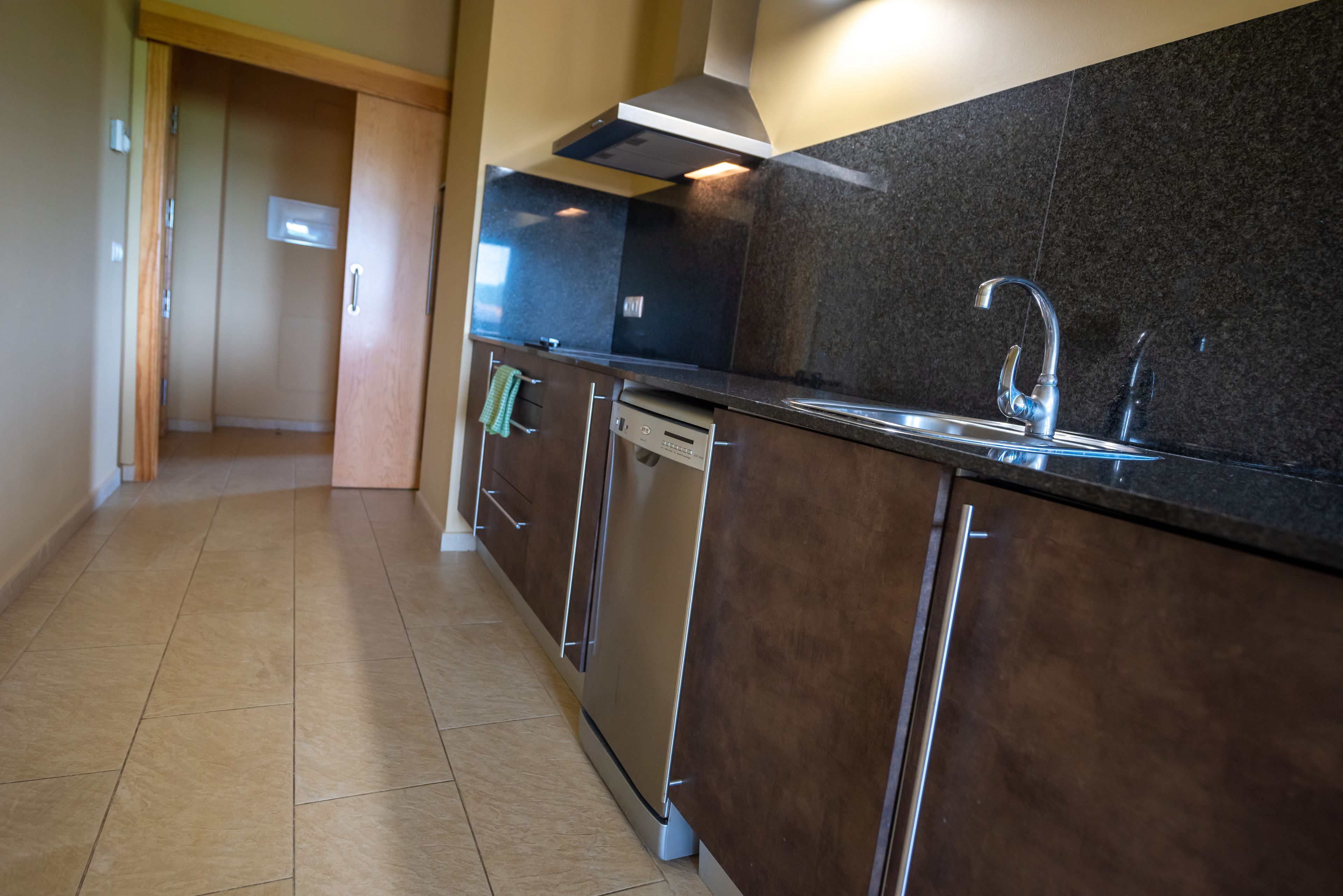 A modern kitchen with a stainless steel dishwasher, a granite countertop, and a stainless steel sink.