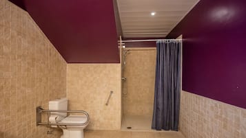 A bathroom with a toilet, shower, and grab bar.