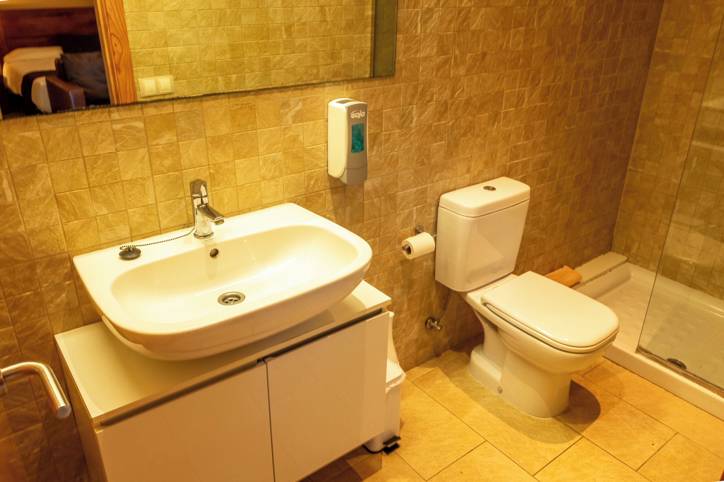 Une salle de bain avec un lavabo, des toilettes et une douche.